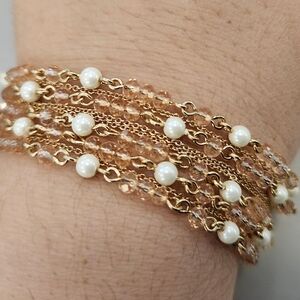 NWT Ralph Lauren Gold-Tone Pink Multirow Glass Pearl & Bead Flex Bracelet